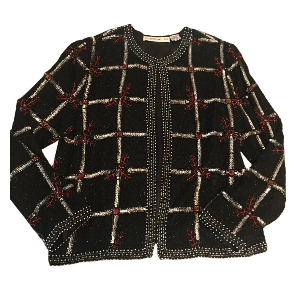 Scala Women's Beaded Silk Holiday Jacket Plaid Sequin Christmas Black‎ Size M